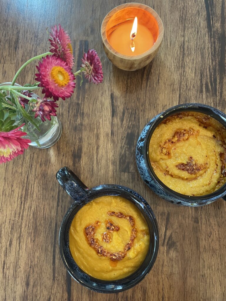 Butternut squash soup with chili oil