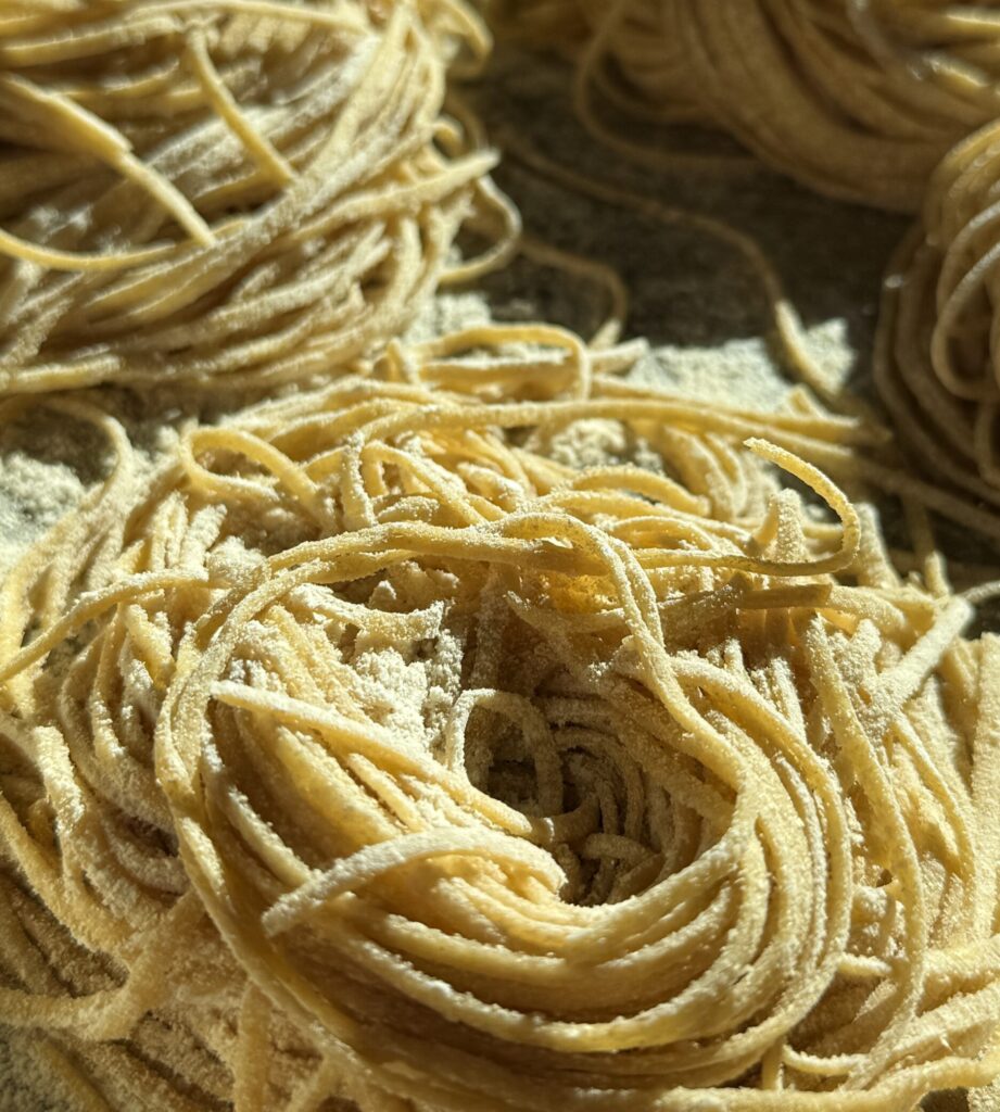 Fresh milled flour pasta nets, dusted with flour and resting in sunlight